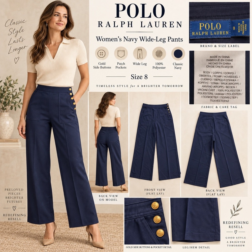 Polo Ralph Lauren Womens Navy Wide Leg Gold Button Side Trousers Pants Size 8